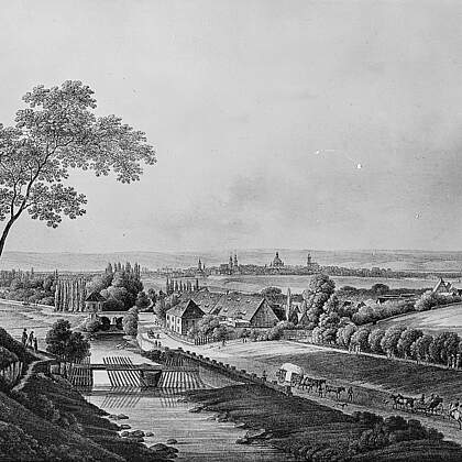 Blick auf Dresden von der D&ouml;lzschener H&ouml;he (im Vordergrund rechts Dorf Plauen, links der Reisewitzsche Garten mit dem Wasserschl&ouml;&szlig;chen)