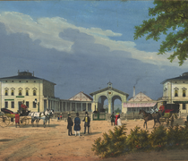 Ansicht vom Alten Leipziger Bahnhof in Dresden, Lithographie, um 1840